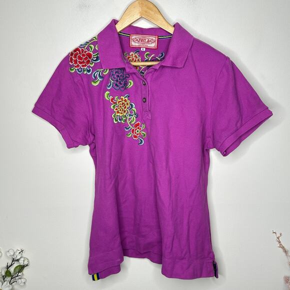 JOHNNY WAS JWLA Lorne Floral Embroidered Polo Top Violet Purple Sz XL $198 {B22} - Picture 2 of 5